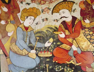 Shah Abbas I (1588-1629) ja hovimies tarjoamassa hedelmiä ja juomia (yksityiskohta)